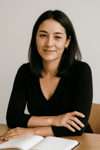 Lena Martínez seated with an open notebook, smiling